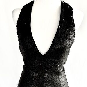 Black V-Neck Mesh & Glitter Sequin Dress - US 2